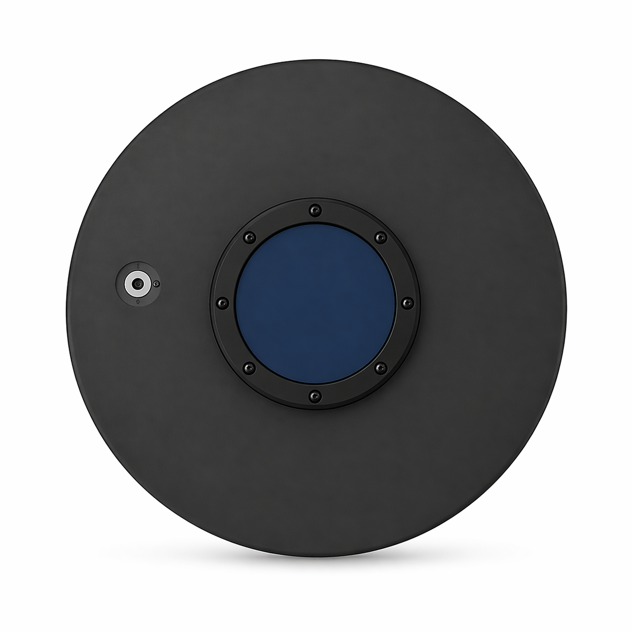 Round black object with a blue center on a white background