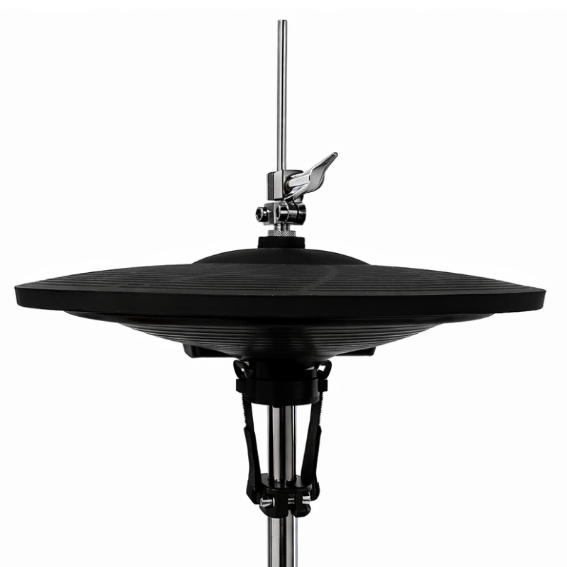 Black drum cymbal on a stand against a white background