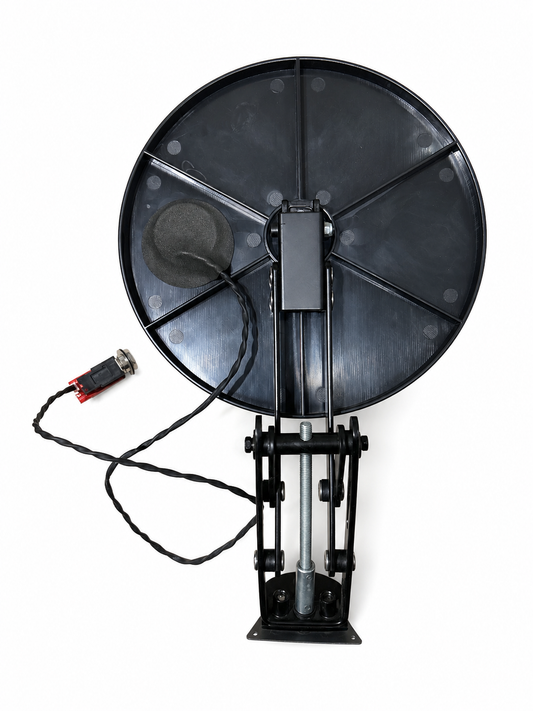 Black satellite dish with a power cable on a white background