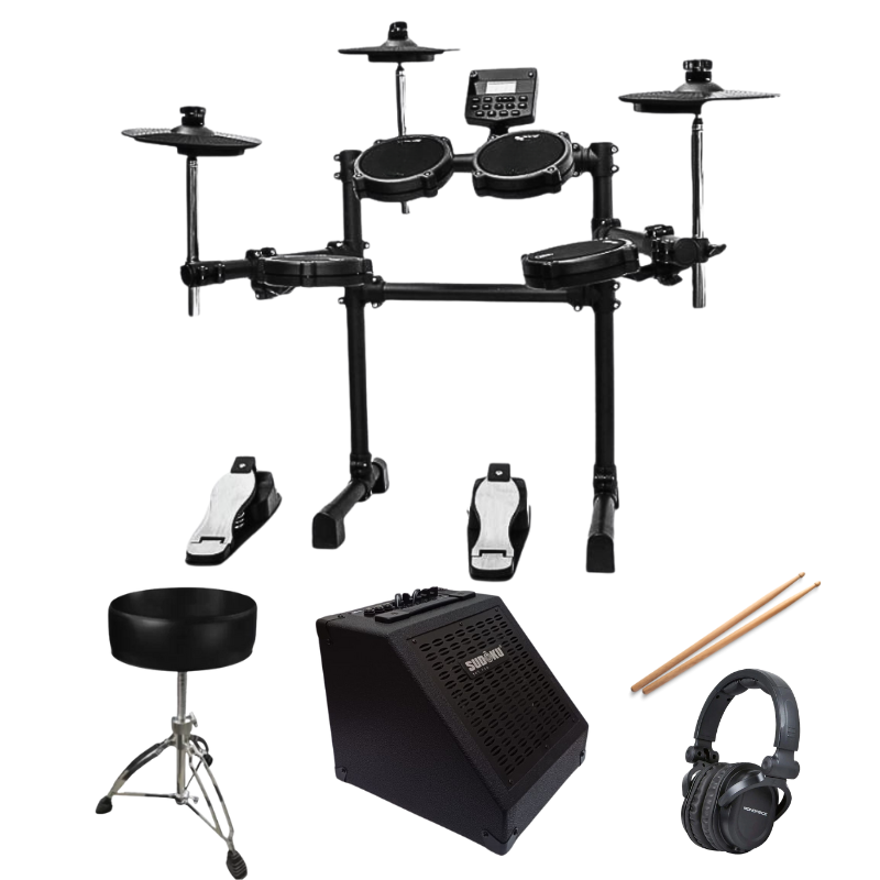 Electronic drum set with accessories including a stool, amplifier, headphones, and drumsticks on a white background.