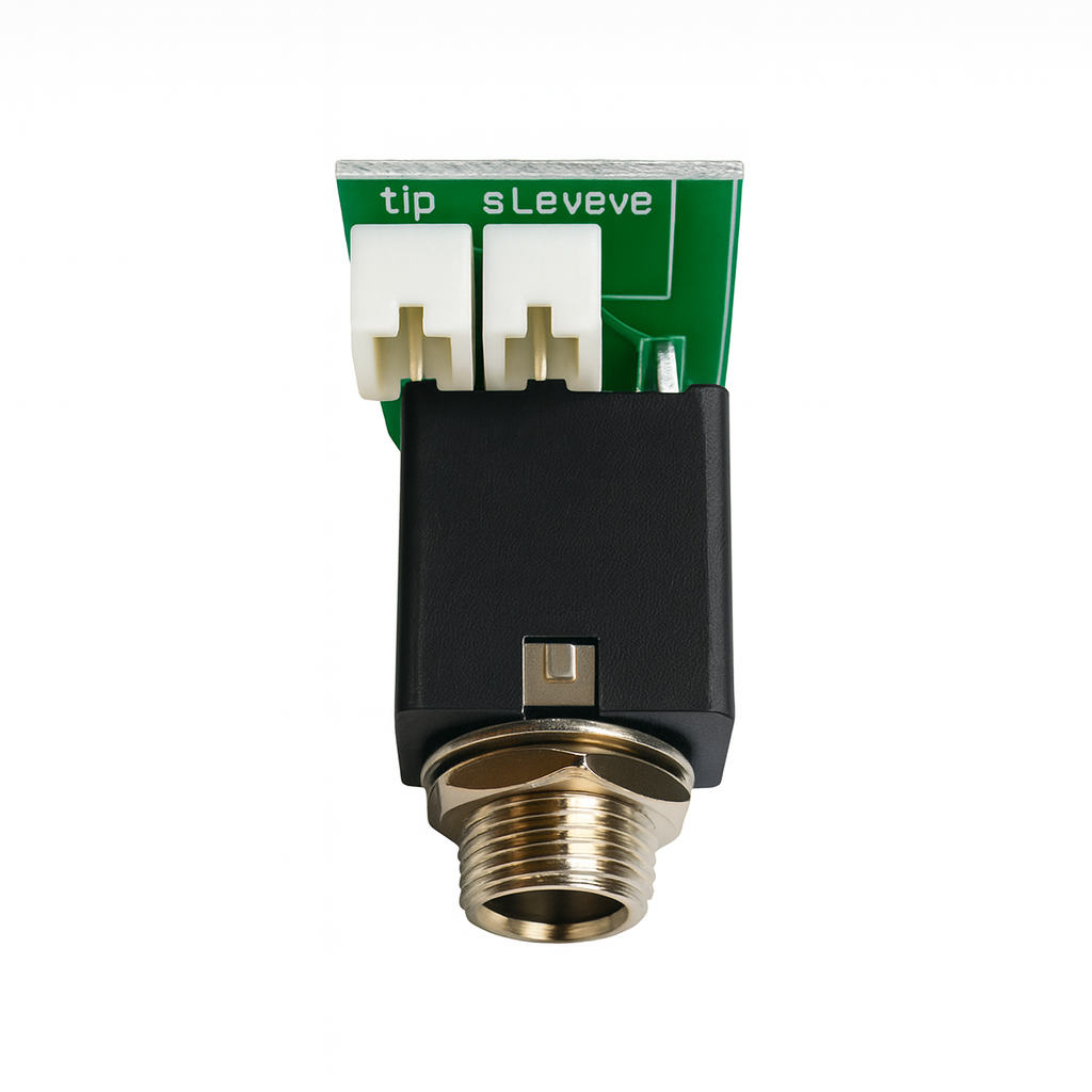 Electronic component with green circuit board and brass fitting on a white background