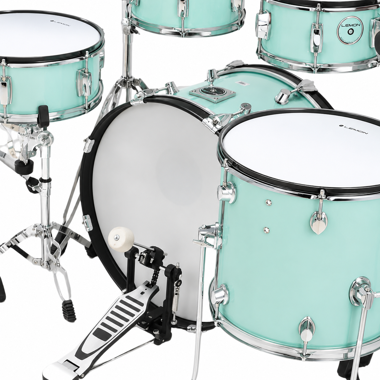 Turquoise drum set with clear stands on a white background
