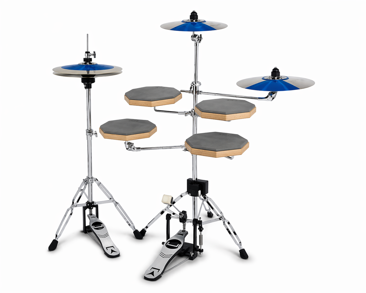 PadFlow Kit – Compact Practice Drum Set showcasing a modern design with hexagonal pads and cymbals for drummers.