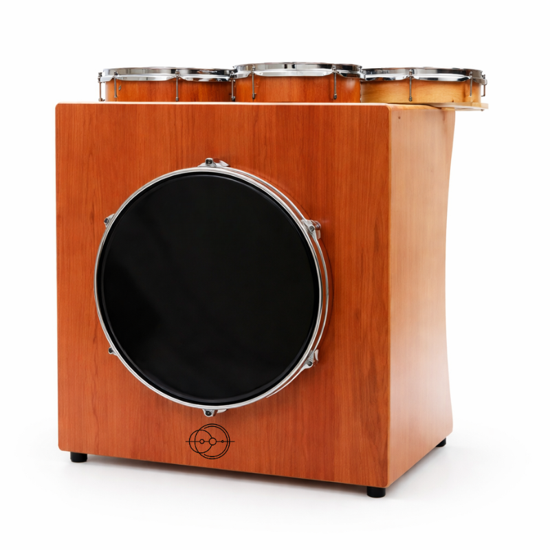 Wooden drum set with a black bass drum on a white background
