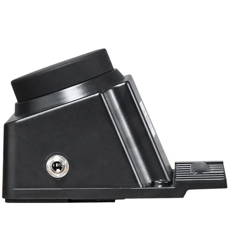 Black metal bracket with a cylindrical component on a white background