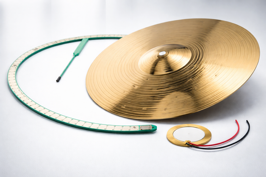 electronic drum trigger problems with cymbal, mounting ring, and connecting wires.