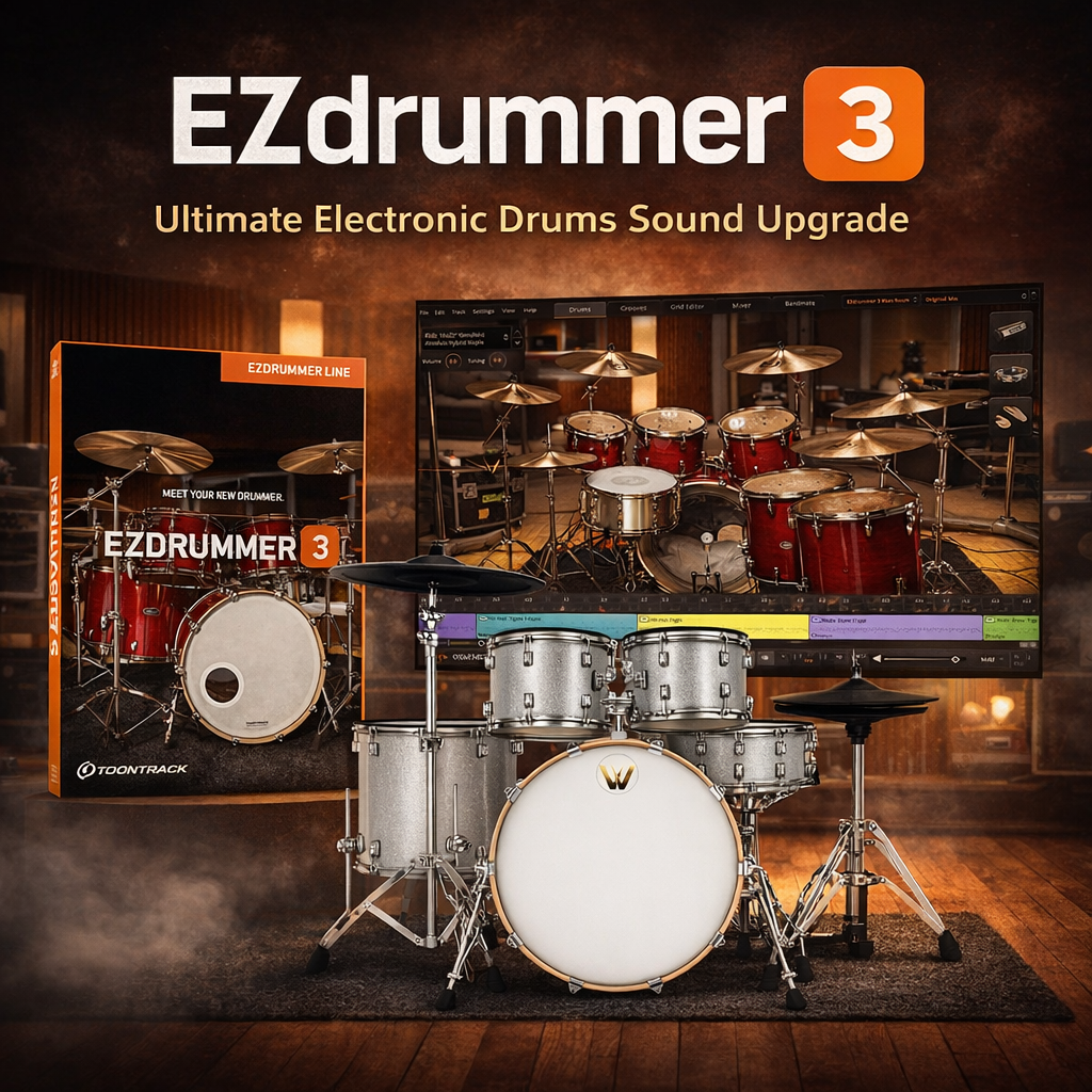 Image showcasing how to install EZdrummer 3 for electronic drums with software and kit visuals.