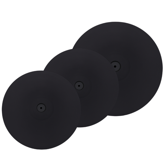 Set of three electronic cymbals showcasing single, dual & triple zone technology for drummers.