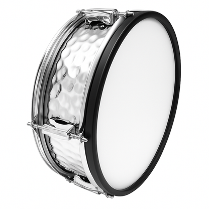 Snare drum with clear shell and white head on a white background