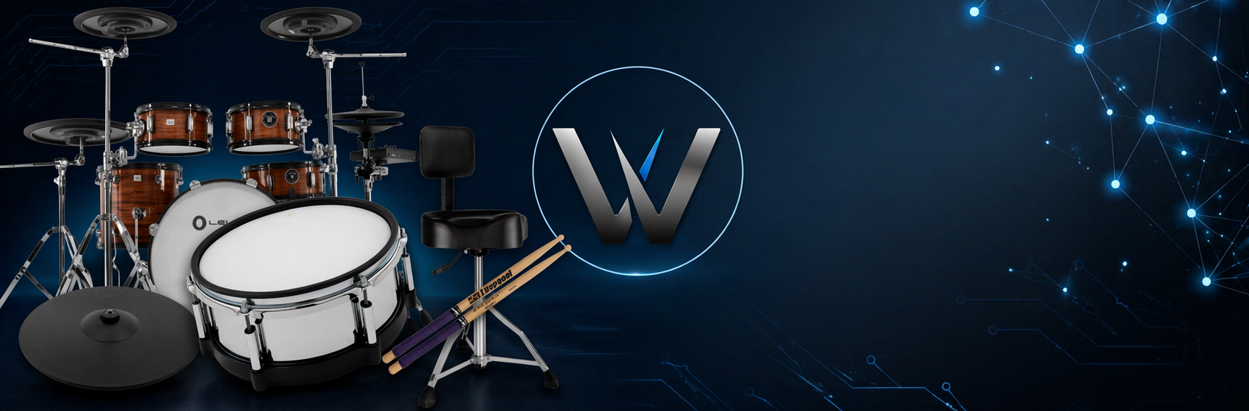 Drum set with a dark blue background and a logo in the center.