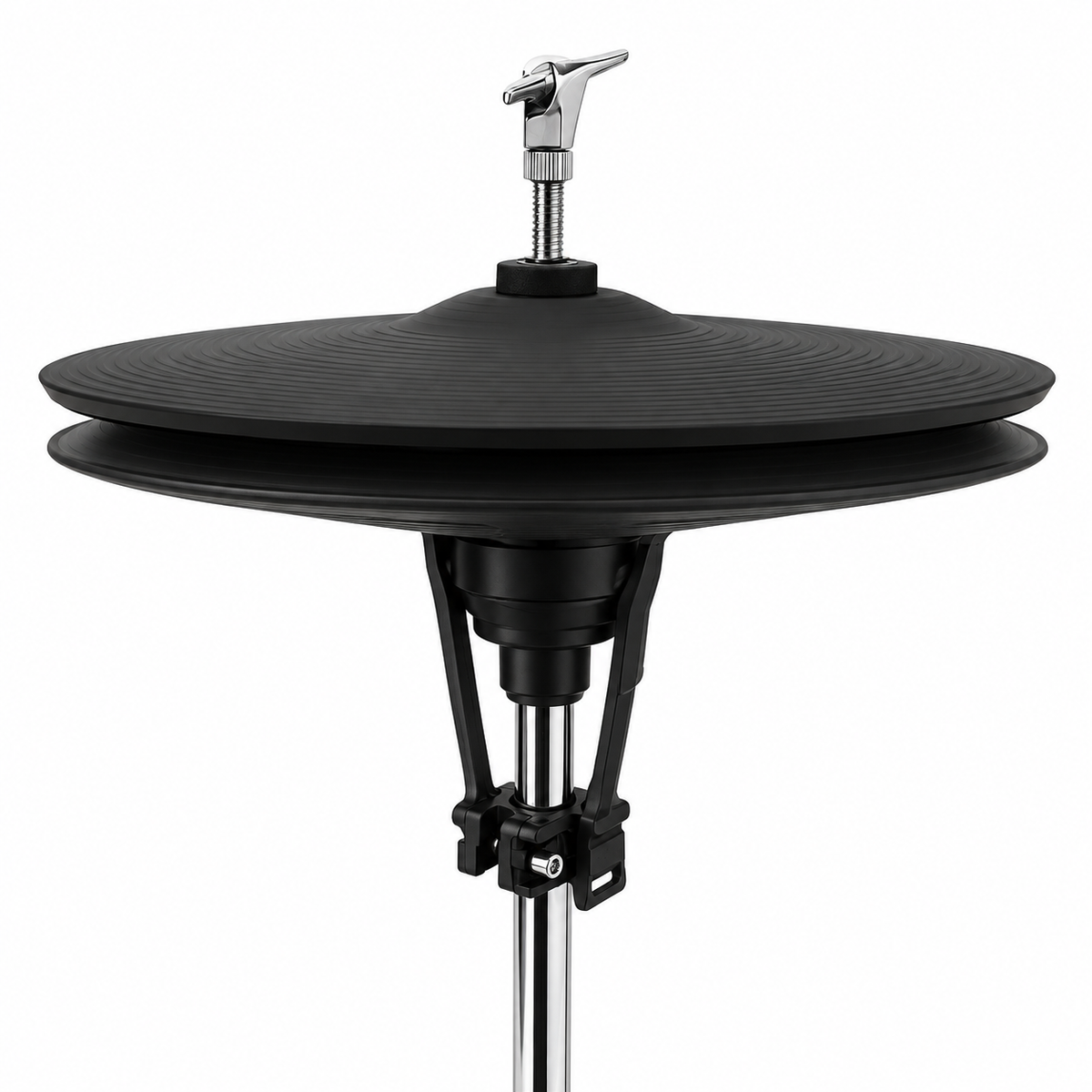 A close-up studio shot of a black double-cup cymbal mounted on a silver metal stand, featuring a silver thumb adjuster on top, set against a solid white background.