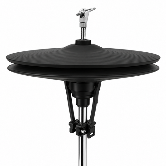 A close-up studio shot of a black double-cup cymbal mounted on a silver metal stand, featuring a silver thumb adjuster on top, set against a solid white background.