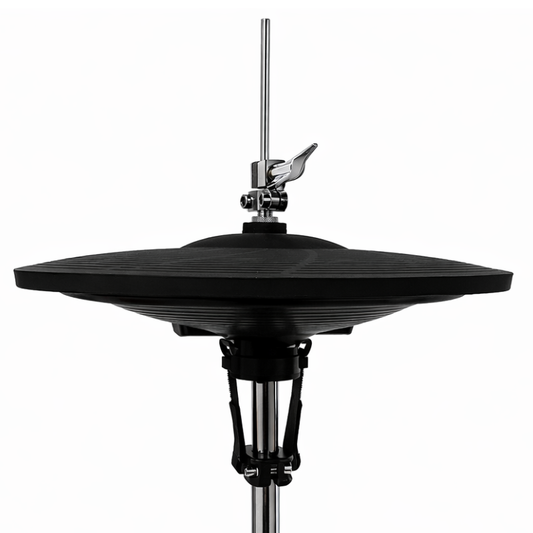 Black drum cymbal on a stand against a white background