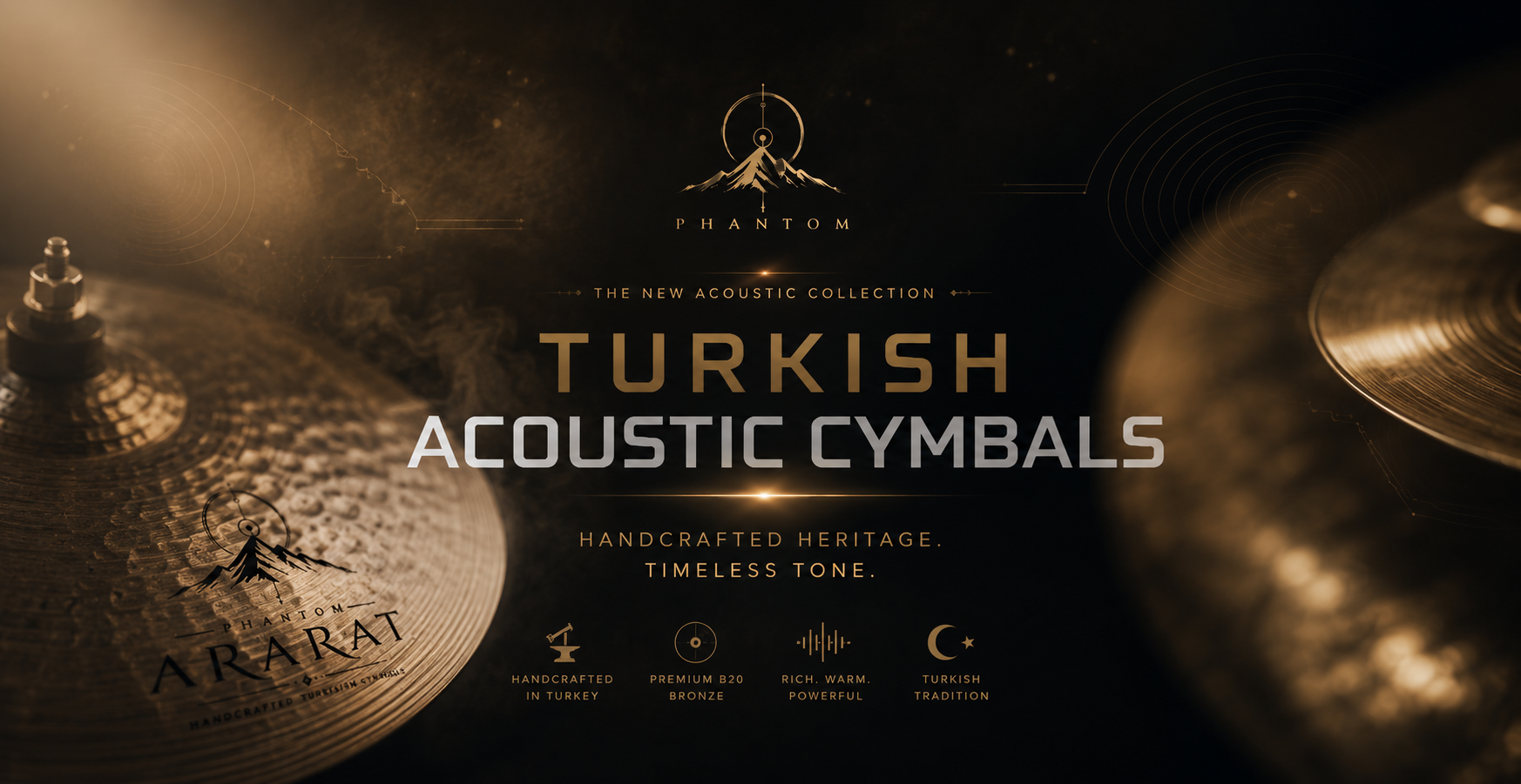 Turkish acoustic cymbals with brand name and description on a dark background