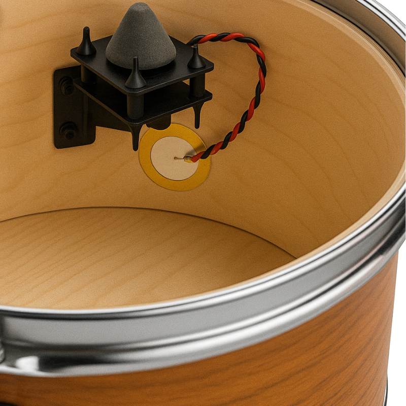 Close-up of a wooden drum with a sensor attached to it