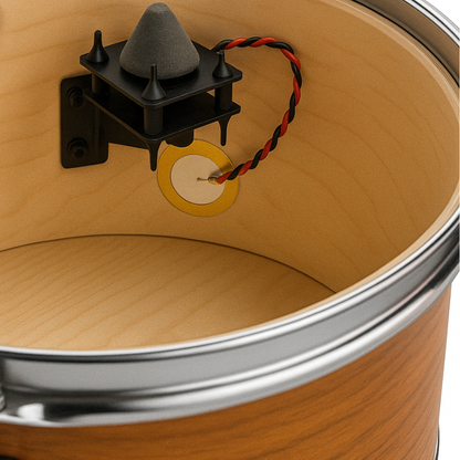 Close-up of a wooden drum with a sensor attached to it