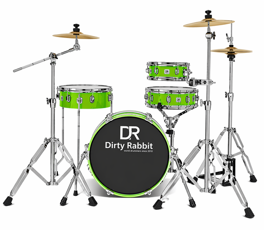 Green drum set with 'Dirty Rabbit' branding on a white background