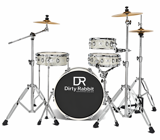 Drum set with 'Dirty Rabbit' branding on a white background