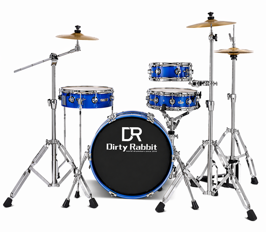 Blue drum set with 'Dirty Rabbit' branding on a white background