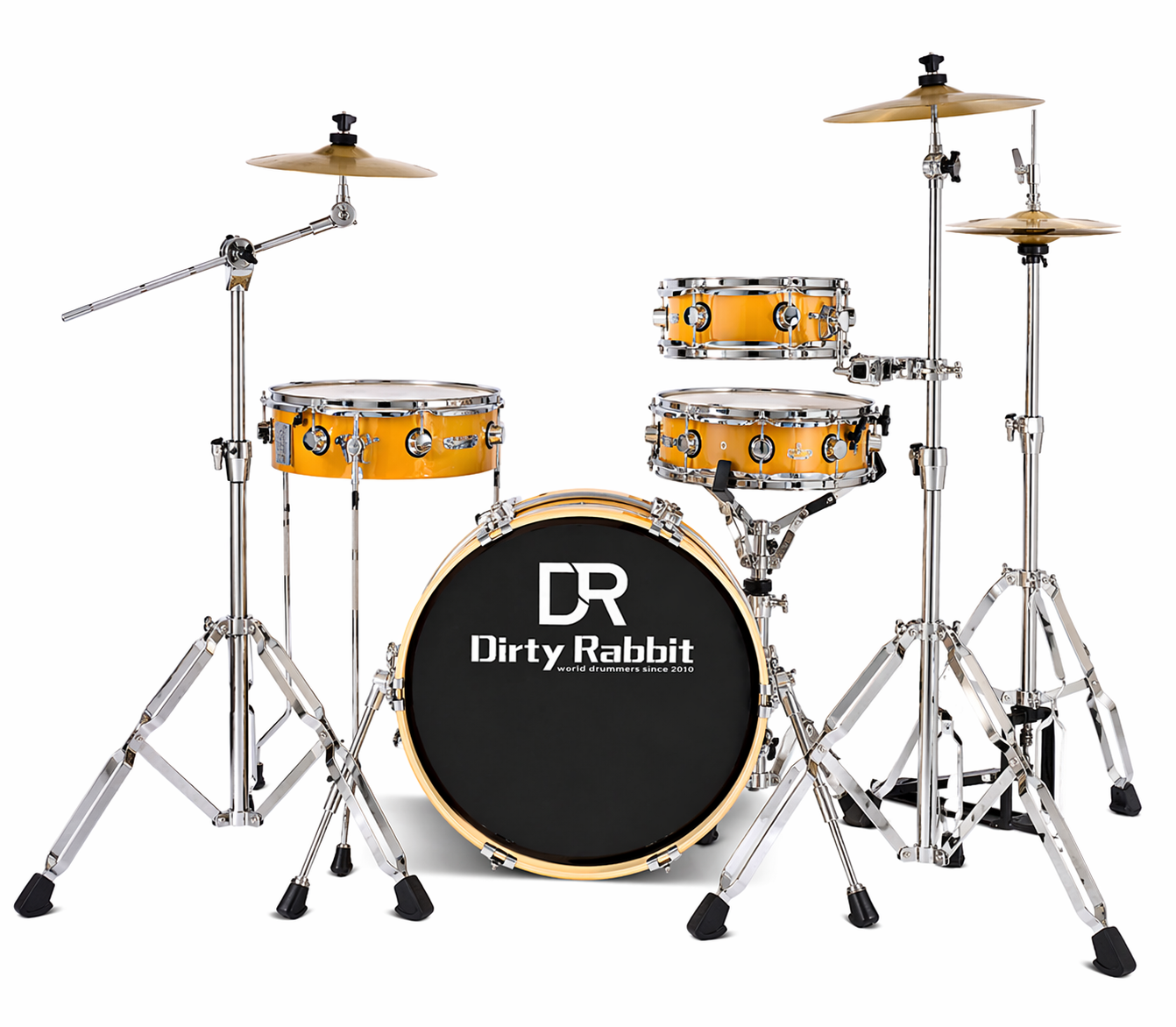 Drum set with 'Dirty Rabbit' branding on a white background