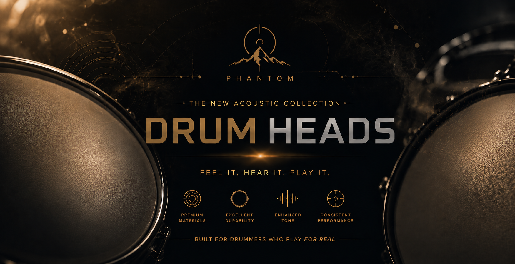 Advertisement for Phantom drum heads with acoustic collection branding.