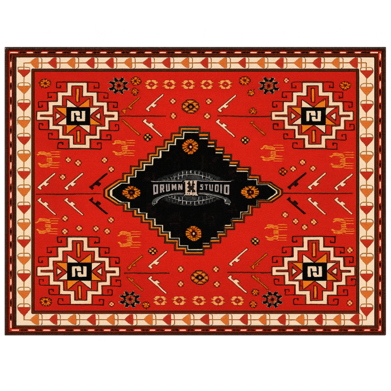 Decorative rug with geometric patterns and 'Drum Studio' logo on a red background