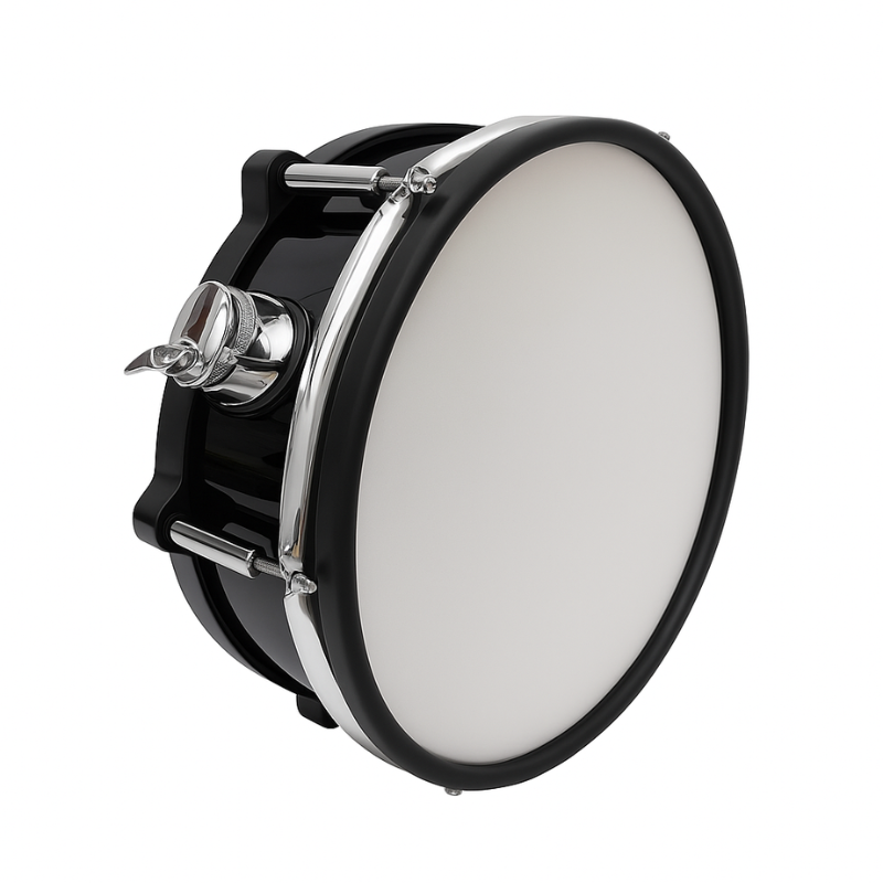 Black electronic drum with a white drumhead on a white background
