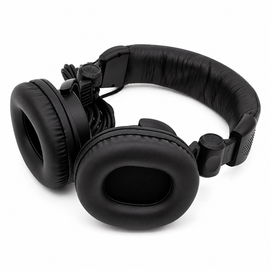 Black headphones on a white background