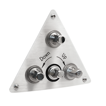 Triangular metal switch panel with labeled buttons on a white background