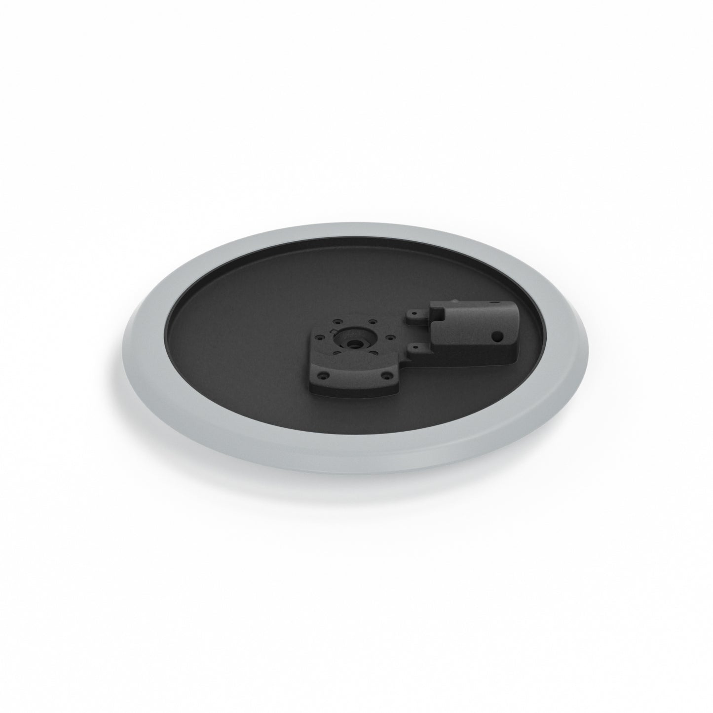 A circular black and gray mounting plate or base with a central bracket, shown on a clean white background.