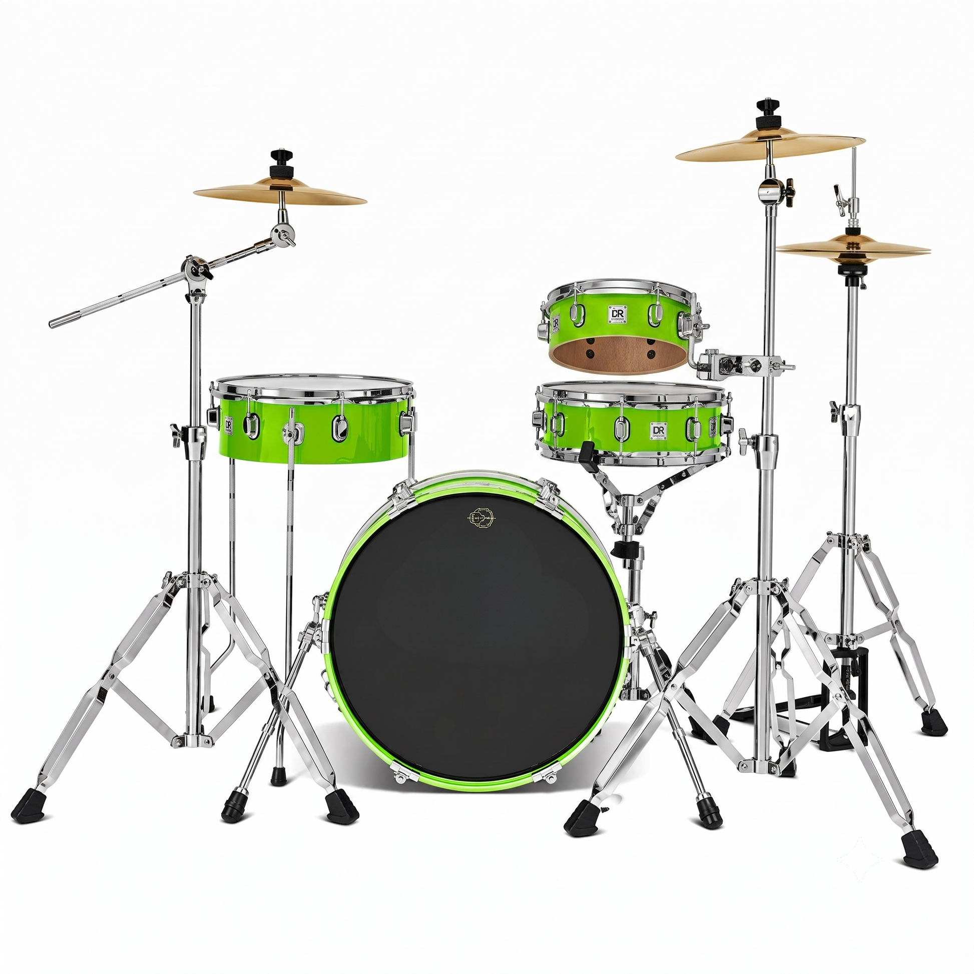 A complete drum kit with a bright lime green finish, chrome hardware, natural wood cymbals, and a black drum head, shown against a solid white background.