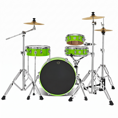 A complete drum kit with a bright lime green finish, chrome hardware, natural wood cymbals, and a black drum head, shown against a solid white background.