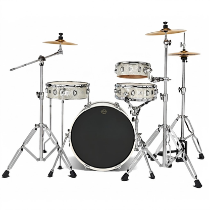 A complete drum kit with chrome hardware, including a bass drum, two tom drums, a cymbal stand, and cymbals, shown against a plain white background.