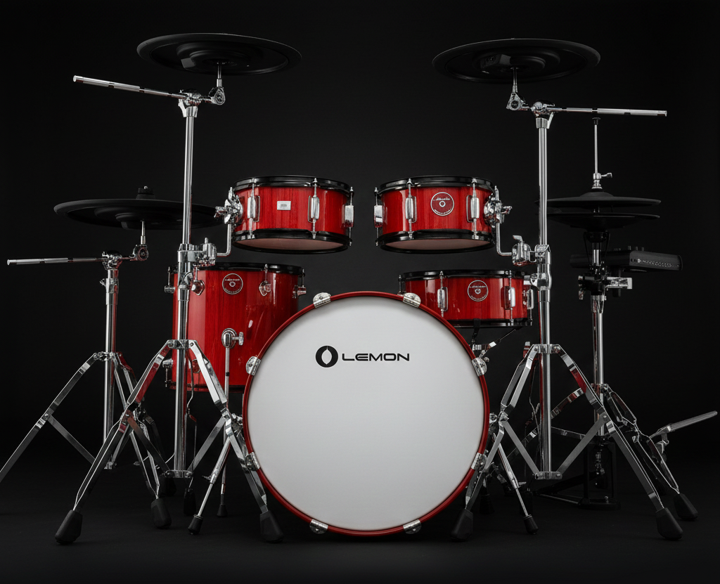 Red drum set with 'Lemon' branding on a black background