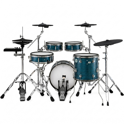 Blue drum set with cymbals and stands on a white background