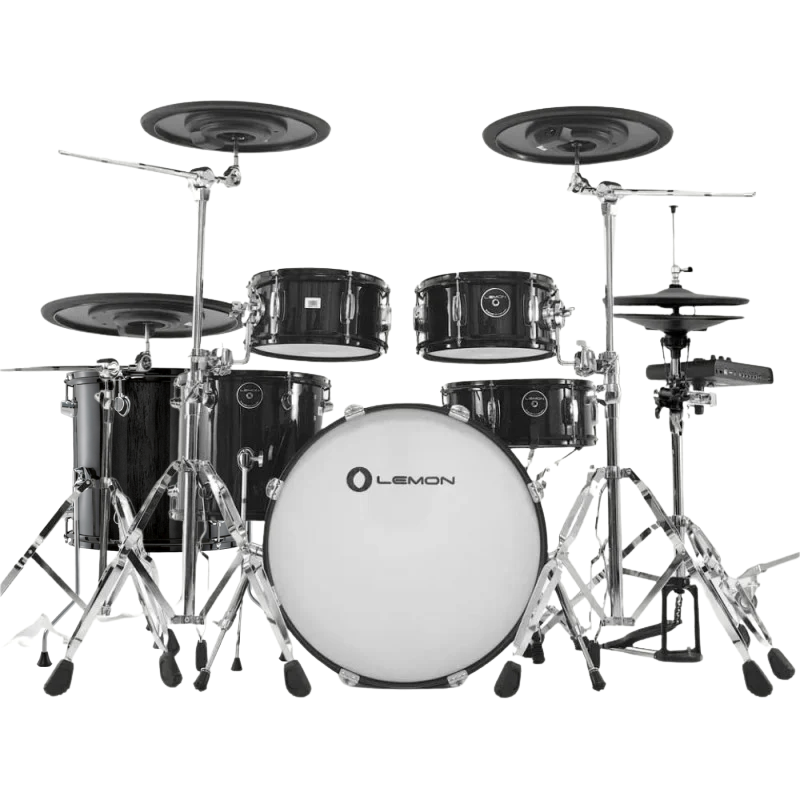 Black drum set with 'Lemon' branding on a white background