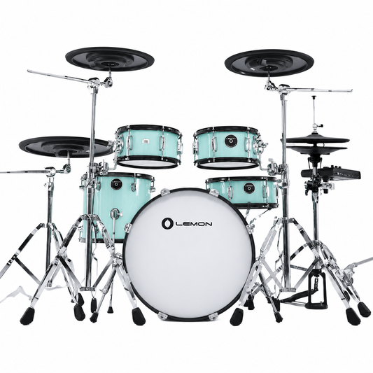 Turquoise drum set with 'Lemon' branding on a white background