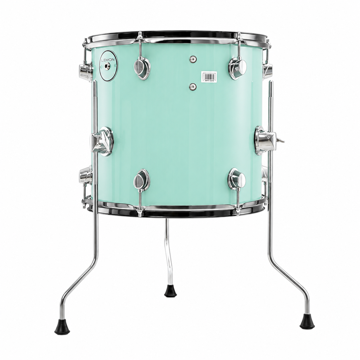 Turquoise drum with chrome hardware on a white background