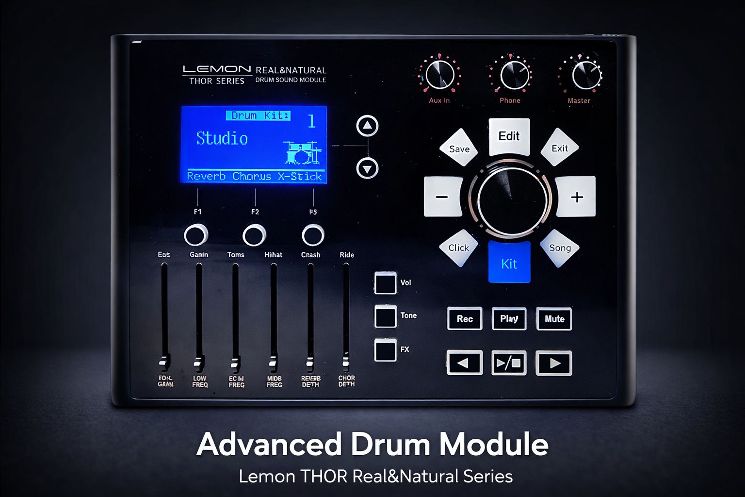 Advanced drum module with control panel and display on a dark background
