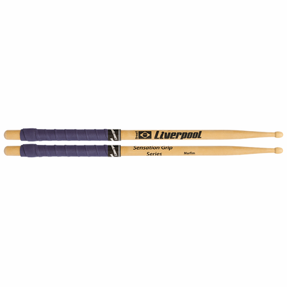 Two drumsticks with purple grips and 'Liverpool' branding on a white background