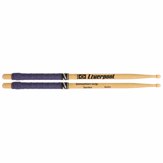 Two drumsticks with purple grips and 'Liverpool' branding on a white background