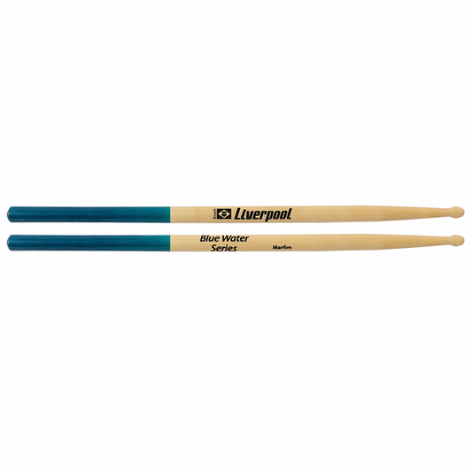 Pair of drumsticks with blue and beige sections on a white background, featuring the Liverpool brand.
