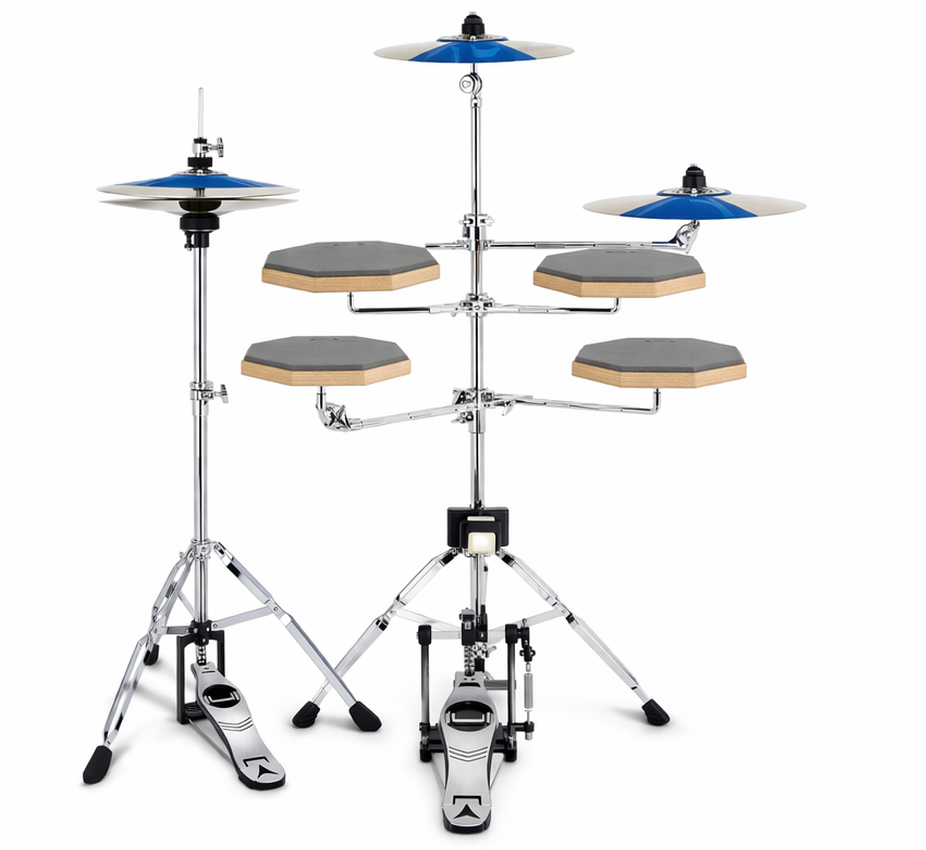 Drum set with blue cymbals on a white background