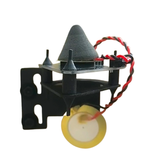 Mechanical component with black frame, yellow wheel, and red and black wires on a white background