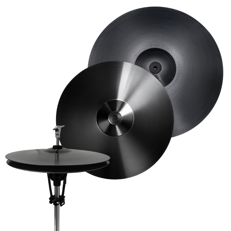 Two black cymbals on a stand against a white background