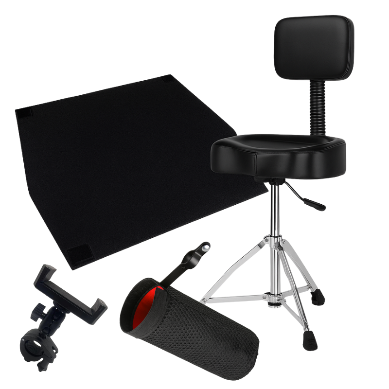 Ultimate Drum Upgrade Accessory Bundle – Hydraulic Throne, Drum Mat, Stick Holder & Phone Mount