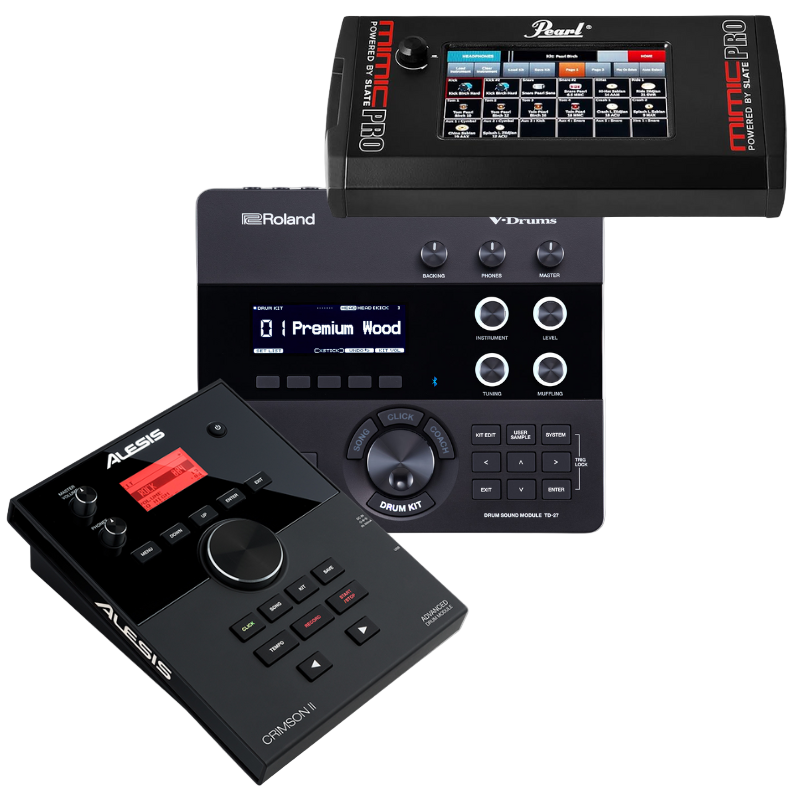 Three electronic drum controllers from Alesis, Roland, and Pearl on a white background