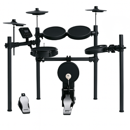 Electronic drum set with various drums and a foot pedal on a white background