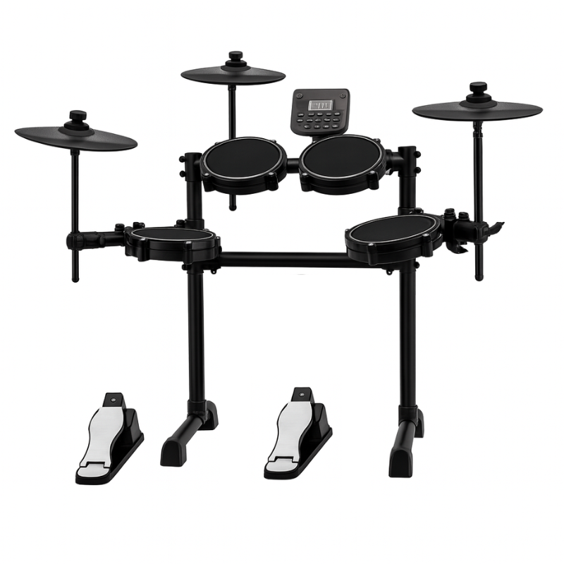 Black electronic drum set with digital display on a white background