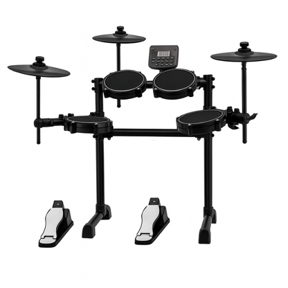 Black electronic drum set with digital display on a white background